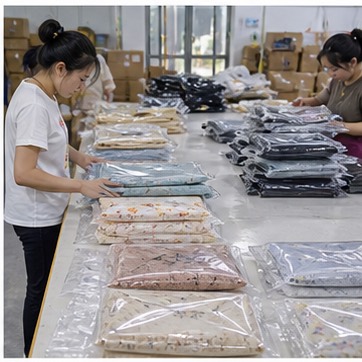 Folded garments and packing table